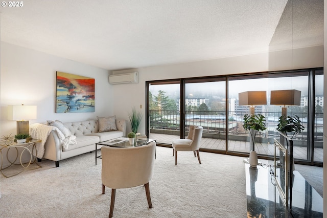 living room with carpet flooring, a textured ceiling, and a wall mounted air conditioner