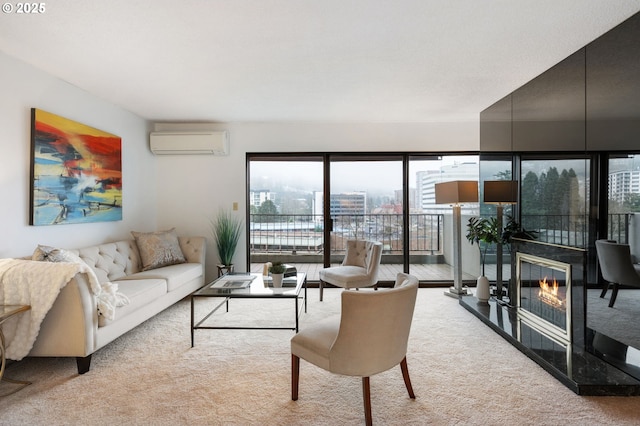 carpeted living room with a wall mounted air conditioner and a fireplace