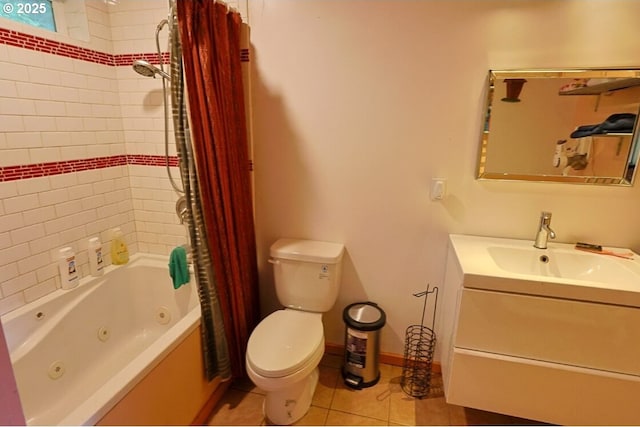 66663 Gunderson Rd, North Bend, OR 97459 - full bathroom with vanity, tile patterned floors, and a combined bath / shower with jetted tub