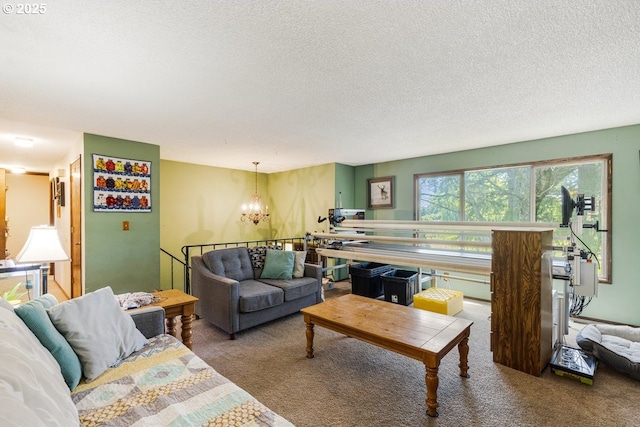 living area with a textured ceiling, carpet, and a chandelier