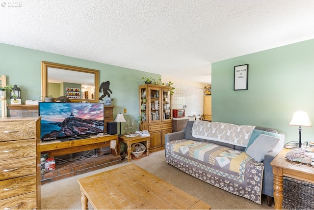 living area with carpet flooring and a textured ceiling
