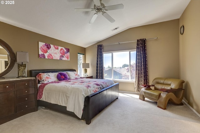 15463 NW Andalusian Way, Portland, OR 97229 - bedroom with light colored carpet, vaulted ceiling, ceiling fan, and baseboards