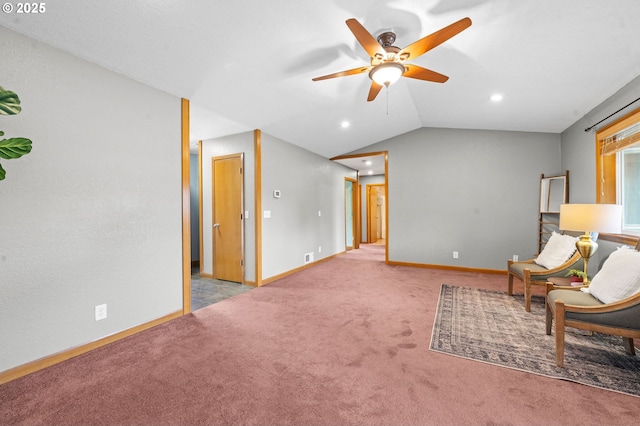 1313 Wakeman Ln, Gearhart, OR 97138 - sitting room with a ceiling fan, carpet flooring, lofted ceiling, baseboards, and recessed lighting