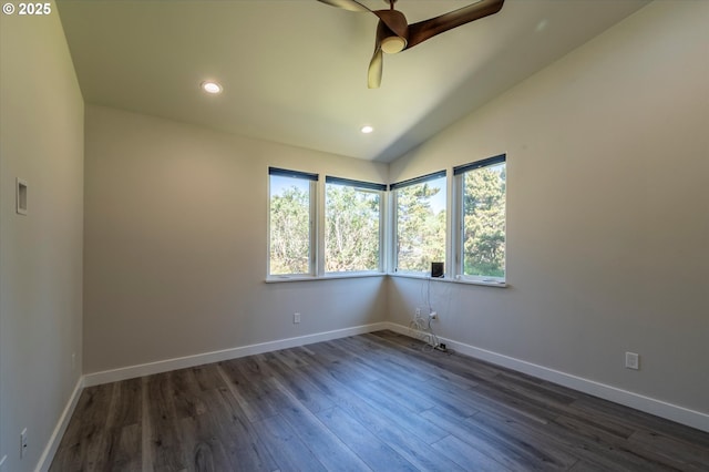760 Carter St SW, Bandon, OR 97411 - unfurnished room with a ceiling fan, dark wood-type flooring, baseboards, recessed lighting, and lofted ceiling