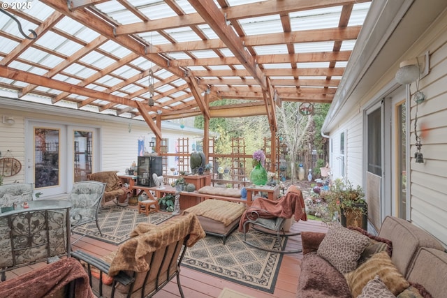 deck with an outdoor living space and a pergola