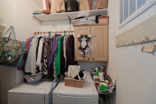 laundry area featuring cabinets and washer and clothes dryer