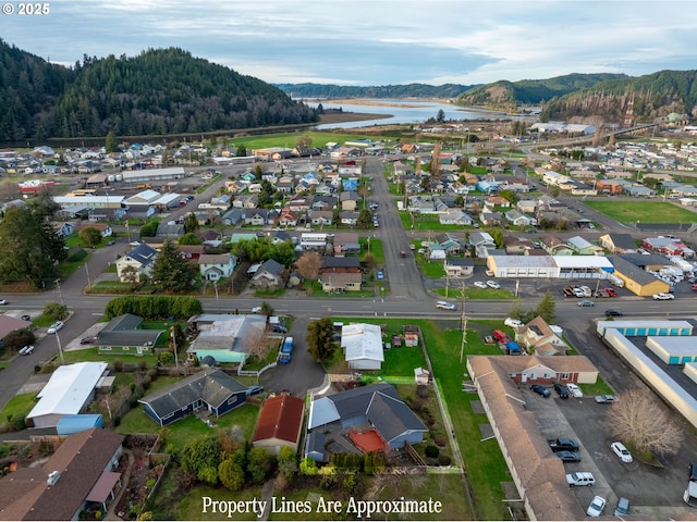 birds eye view of property featuring a water and mountain view