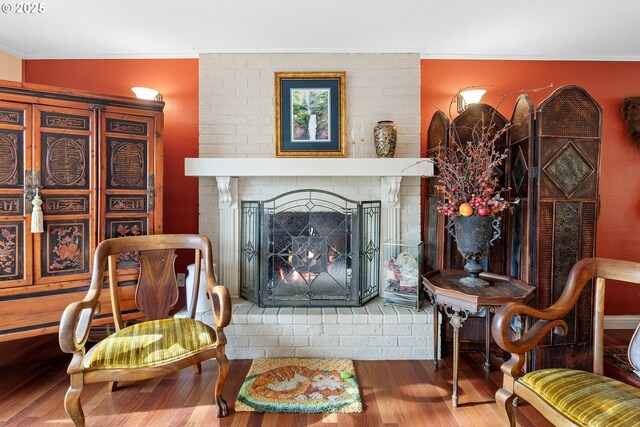 living room featuring hardwood / wood-style floors and a fireplace