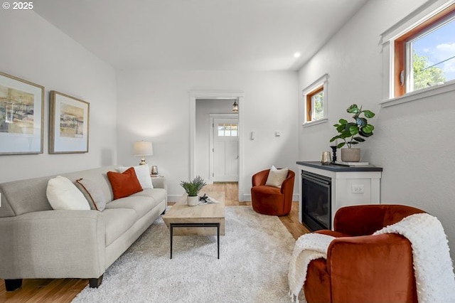 living room featuring wood finished floors, a glass covered fireplace, and recessed lighting