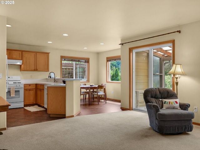 1305 Sandy Ridge Rd, Gearhart, OR 97138 - kitchen with white appliances, under cabinet range hood, a peninsula, dark carpet, and recessed lighting