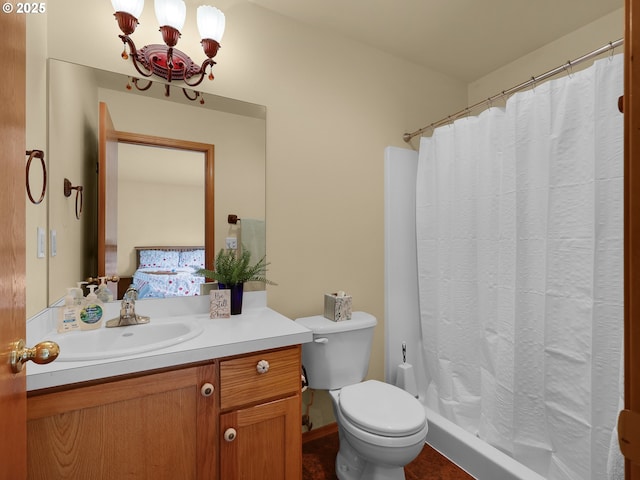 1305 Sandy Ridge Rd, Gearhart, OR 97138 - bathroom featuring vanity, a chandelier, and a shower with shower curtain