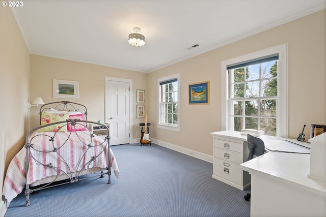 bedroom featuring baseboards, visible vents, dark carpet, and crown molding