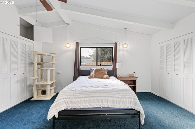 carpeted bedroom featuring vaulted ceiling with beams, a ceiling fan, and baseboards