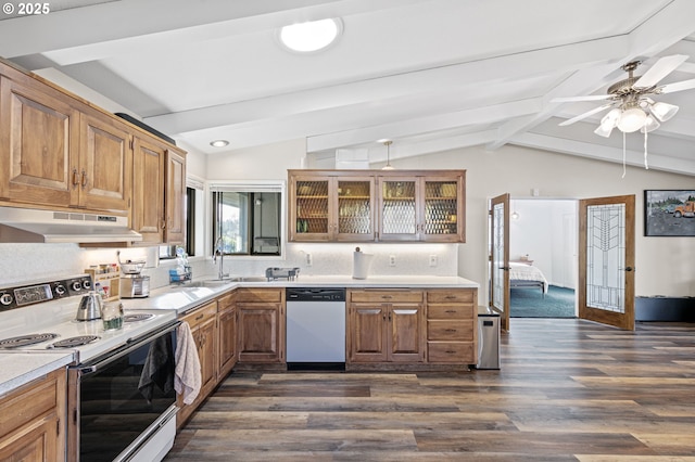 kitchen featuring vaulted ceiling with beams, dishwasher, under cabinet range hood, and white electric range oven