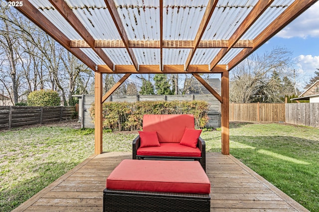 wooden terrace featuring a yard and a fenced backyard