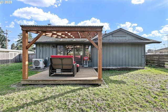 back of property featuring ac unit, a fenced backyard, a lawn, and board and batten siding