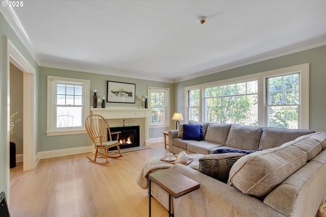 3034 NE Tillamook St, Portland, OR 97212 - living area with a tiled fireplace, light wood-type flooring, and crown molding