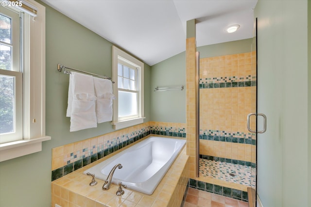 3034 NE Tillamook St, Portland, OR 97212 - full bathroom featuring a bath, a stall shower, and lofted ceiling