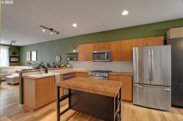 kitchen with light wood finished floors, open shelves, tasteful backsplash, appliances with stainless steel finishes, and a sink