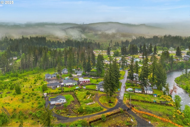 174 Cedar Ln, Gates, OR 97346 - aerial view of residential area with a heavily wooded area and mountains