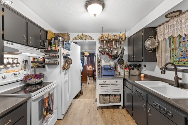 174 Cedar Ln, Gates, OR 97346 - kitchen with white electric range, exhaust hood, a sink, light wood finished floors, and dark countertops