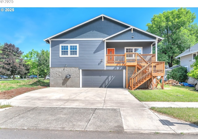 view of front of home with driveway, a porch, a front yard, a garage, and stairs