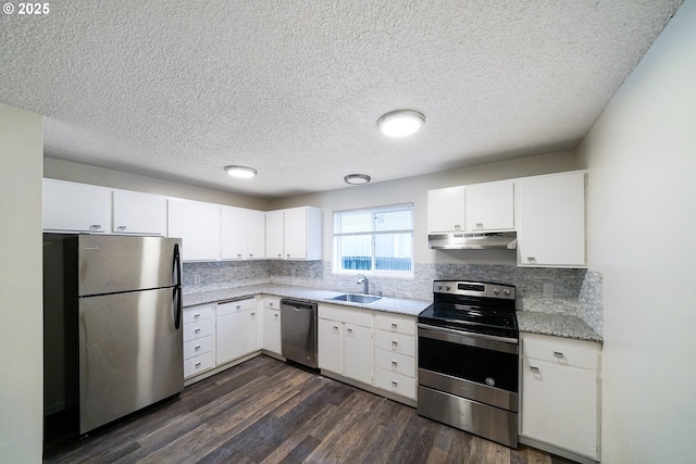 kitchen with dark hardwood / wood-style floors, white cabinetry, sink, decorative backsplash, and stainless steel appliances