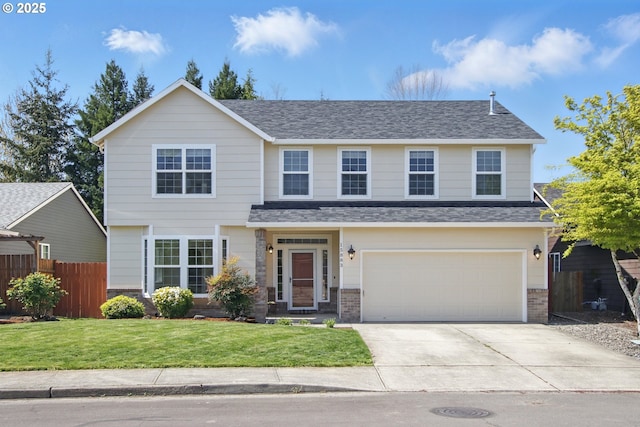 traditional-style house with brick siding, concrete driveway, a garage, and a shingled roof