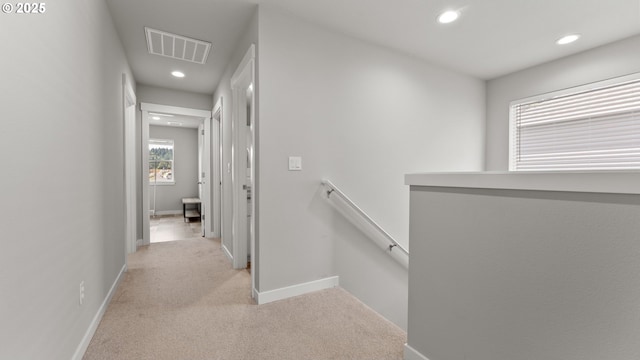 11649 SE Pleasant Valley Pkwy, Happy Valley, OR 97086 - hallway with an upstairs landing, light carpet, and recessed lighting