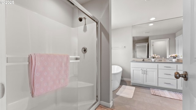 11649 SE Pleasant Valley Pkwy, Happy Valley, OR 97086 - full bathroom with a shower stall, recessed lighting, vanity, and tile patterned floors