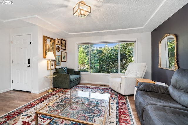 living room featuring a textured ceiling, wood finished floors, and baseboards