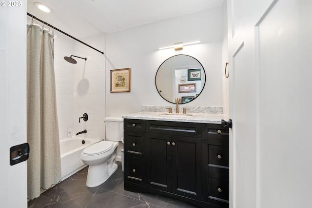 bathroom with toilet, vanity, and shower / tub combo with curtain