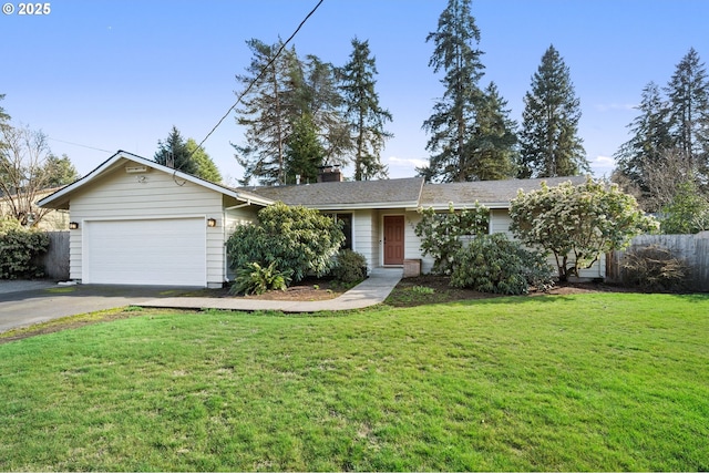 single story home featuring a chimney, fence, a garage, driveway, and a front lawn