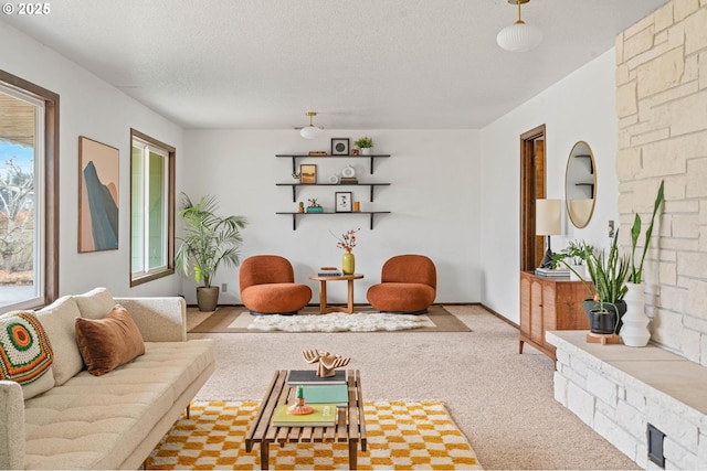 carpeted living area with a healthy amount of sunlight and a textured ceiling