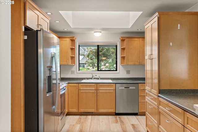 420 Mar Loop, Eugene, OR 97401 - kitchen featuring stainless steel appliances, open shelves, a sink, a tray ceiling, and dark countertops