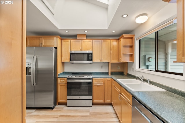 420 Mar Loop, Eugene, OR 97401 - kitchen with appliances with stainless steel finishes, a sink, recessed lighting, light wood-style floors, and open shelves