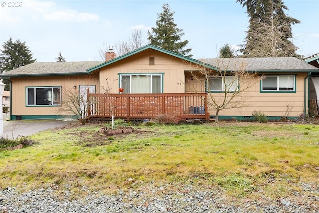 single story home featuring a deck, a front yard, roof with shingles, and a chimney