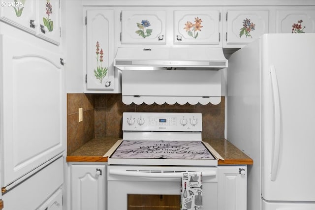 744 NE Craig St, Myrtle Creek, OR 97457 - kitchen with white appliances, under cabinet range hood, white cabinets, and tasteful backsplash
