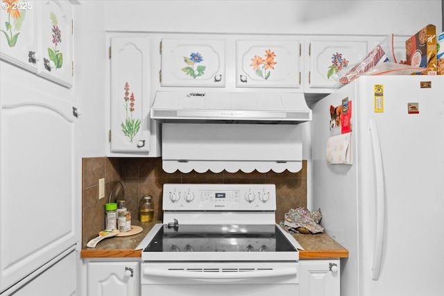 744 NE Craig St, Myrtle Creek, OR 97457 - kitchen featuring white appliances, under cabinet range hood, white cabinetry, and backsplash