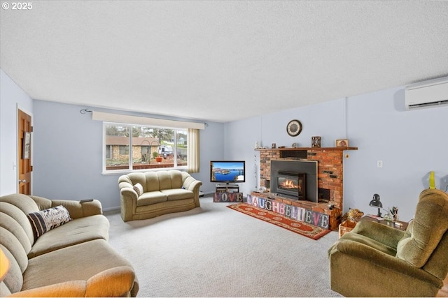 living area featuring carpet, a brick fireplace, a textured ceiling, and a wall mounted AC