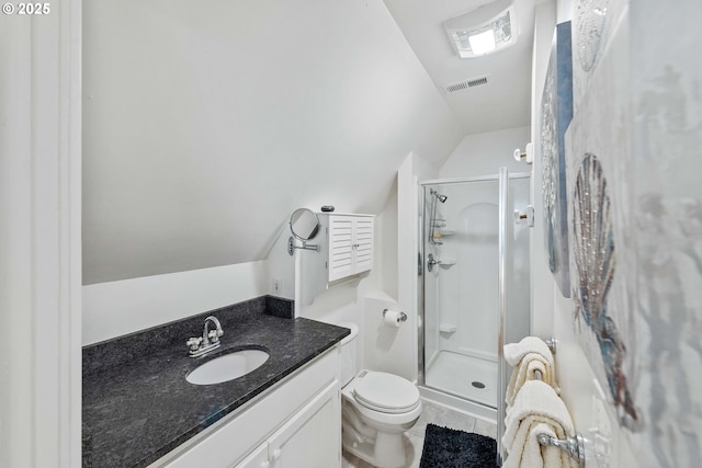 full bathroom with toilet, vanity, visible vents, tile patterned floors, and a stall shower