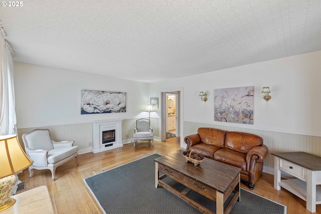 living room with a fireplace, wainscoting, and wood finished floors