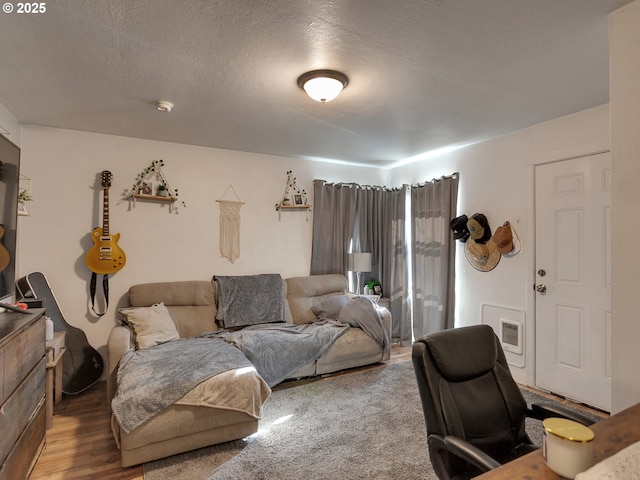 living room with a textured ceiling and hardwood / wood-style flooring