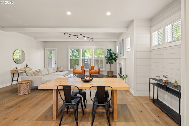 1408 Taylor St, Eugene, OR 97402 - dining area with light wood-type flooring, baseboards, recessed lighting, and beamed ceiling