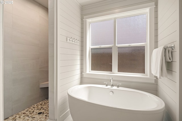 1408 Taylor St, Eugene, OR 97402 - full bathroom with a freestanding tub, wooden walls, and a walk in shower