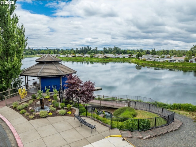 property view of water with a gazebo