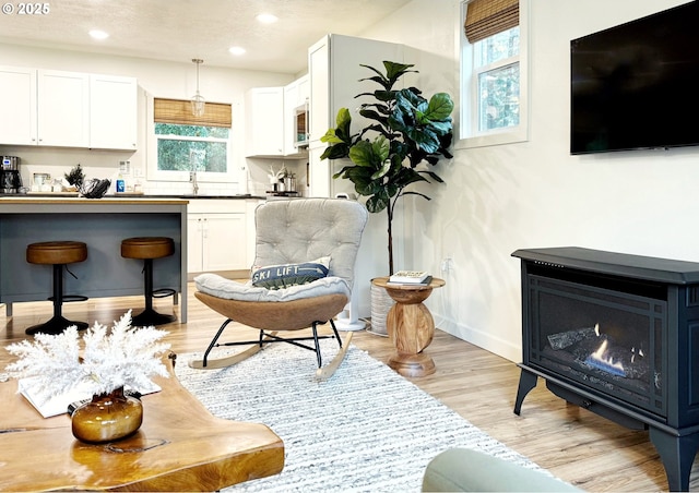 23610 E Gumjuwac Rd, Brightwood, OR 97011 - living area featuring light wood finished floors, recessed lighting, a wood stove, and baseboards