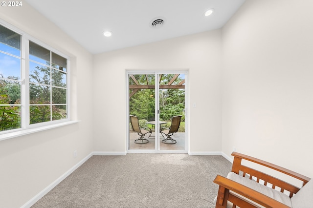 carpeted spare room featuring a healthy amount of sunlight, visible vents, and baseboards