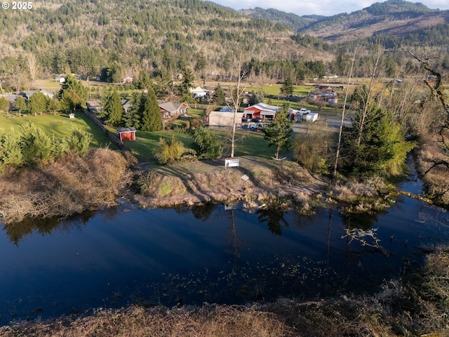 aerial view with a wooded view and a water and mountain view