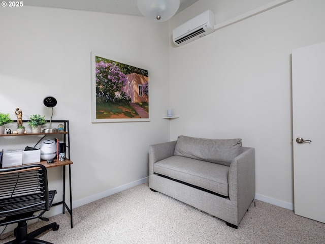 living area with baseboards, carpet, and a wall mounted AC